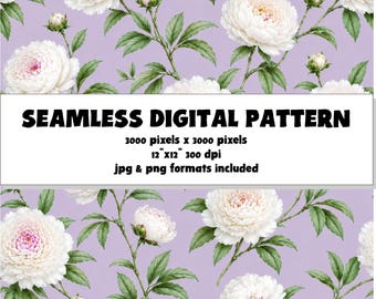 Romantic White Peony Floral Seamless Pattern (JPG PNG Files)