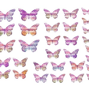 PAPILLONS multicolores effet aquarelle arc-en-ciel COMESTIBLES, 32 papillons prédécoupés, différentes tailles, papier gaufré pour décorations de gâteaux