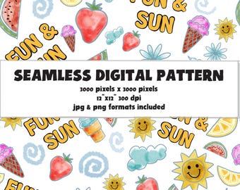Seamless Summer Fruit Pattern, Whimsical Sun, Strawberry, Watermelon (Digital Download)