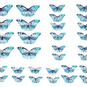 PAPILLONS bleus COMESTIBLES, 32 pièces prédécoupées, différentes tailles, gaufrette papier, gâteau, décoration de gâteau cake pops, décorations de cupcakes, végétalien