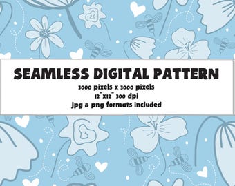 Light Blue Floral Seamless Pattern, Whimsical Bees, Hearts (Digital Download)