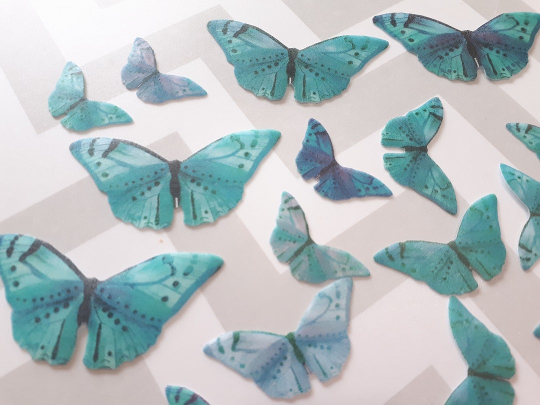 EDIBLE Turquoise BUTTERFLIES, 32 Pre Cut Pieces, Various Sizes, Wafer ...