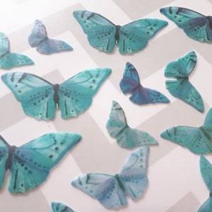 PAPILLONS COMESTIBLES Turquoise, 32 pièces prédécoupées, différentes tailles, papier gaufrette, gâteau, décoration de gâteau cake pops, cupcake toppers, végétalien