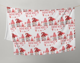 Throw Blanket with pink gnome design, I love You valentines day gift for her, blanket gift