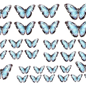 Ensemble bleu COMESTIBLE de PAPILLONS, 32 pièces prédécoupées, différentes tailles, papier gaufrette, gâteau, décoration de gâteau cake pops, cupcake toppers, végétalien