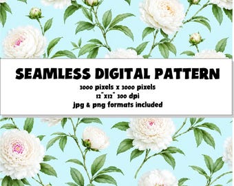 Seamless White Peony Floral Pattern, Romantic Digital JPG Download