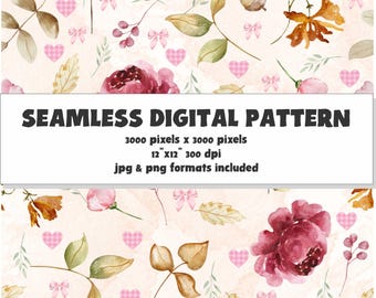 Whimsical Floral Seamless Pattern, Romantic Botanical Digital Print (JPG, PNG)