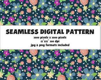 Whimsical Floral Seamless Pattern, Navy Romantic Botanical Design (Digital Download)