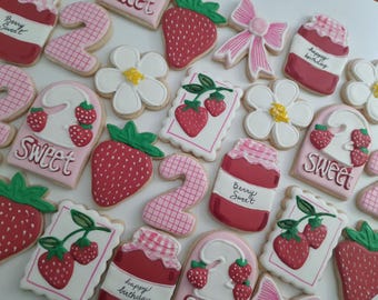 Strawberry themed  Birthday Sugar Cookies: Decorated Party Favors (1 Dozen)