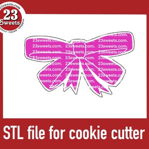May include: A pink bow-shaped cookie cutter design with the text "23sweets.com" repeated throughout. The image is on a white background with a red border. The text "STL file for cookie cutter" is at the bottom.
