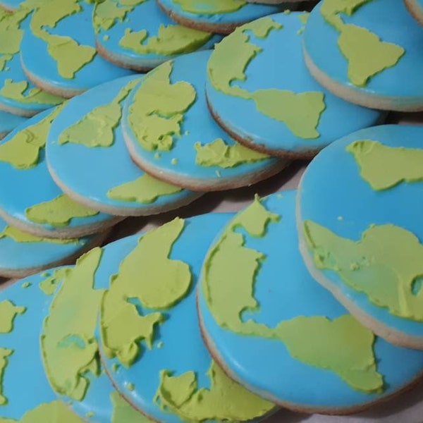 COOKIES 1 dozen world map Earth day cookies, (23sweets)/baked goods/cookies/food gifts/home baked/sweet/wedding favours/party favours, world