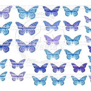 PAPILLONS bleus VIOLET COMESTIBLES, 32 pièces prédécoupées, différentes tailles, papier gaufrette, gâteau, décoration de gâteau cake pops, cupcake toppers, végétalien