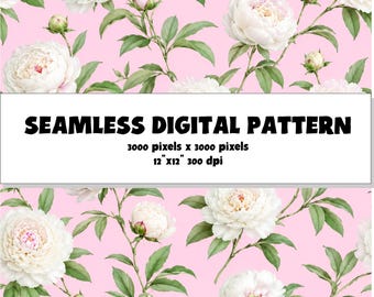 Romantic White Peony Floral Seamless Pattern (Digital Download)