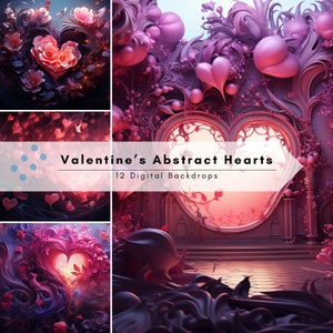 Valentine&#39;s Abstract Hearts Backdrops - Valentines Day Backdrop - Pink Heart Valentine Backdrop - 12 Valentine&#39;s Bundle Photo Templates