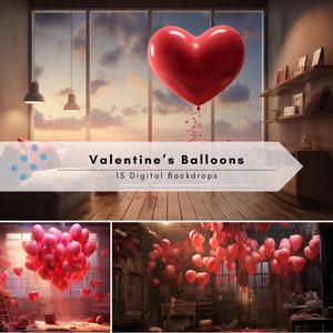 Valentine&#39;s Balloon Backdrops - Valentines Day Backdrop - Pink Heart Valentine Backdrop - 12 Valentine&#39;s Bundle Photo Templates, Red Hearts