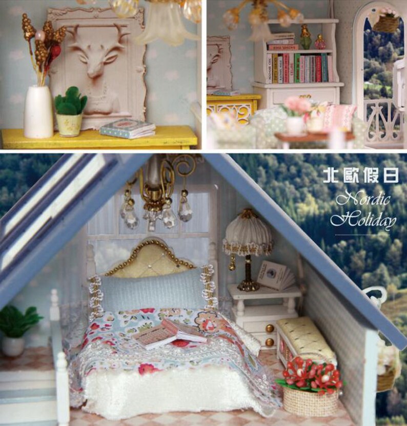 DK19 Nordic Holiday Dollhouse DIY Kit Cute Room House Model With Led Light and Musical Movement