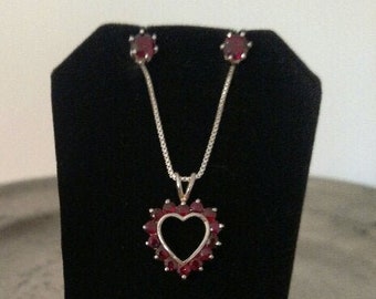 Garnet Jewelry Set, Heart Necklace, Stud Earrings, Sterling Silver