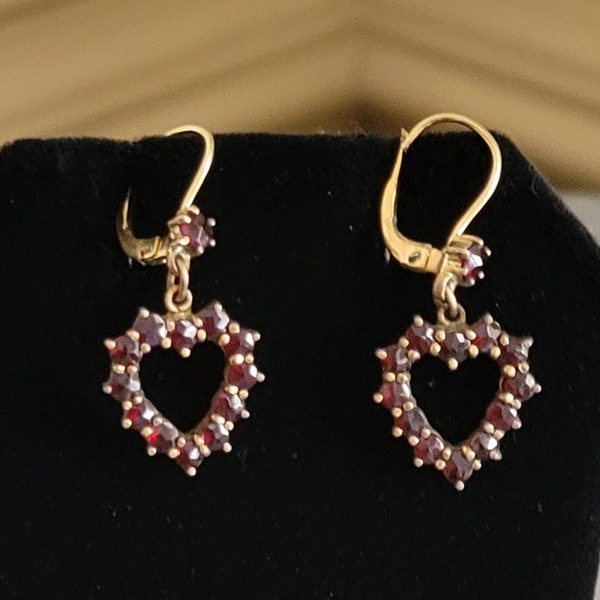 Bohemian Garnet Heart Earrings,  Lever Back, Signed