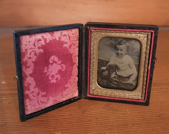Antique Tintype in Case, Child and Dog