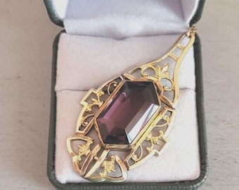 Large Purple Stone Gold Pendant, GF Chain