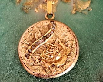 Art Nouveau Gold Filled Pendant Necklace, Rose and Faceted Stones