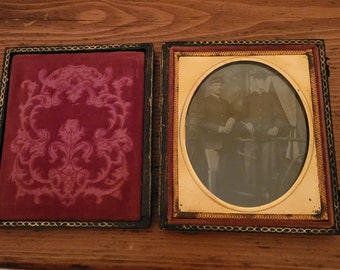 Antique Tintype, Two Soldiers, Split Case, Kepi Hats