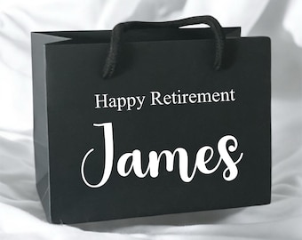 Black Happy Retirement Custom Name Gift Bag With Rope Handle - Small Medium Large