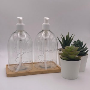 Clear Bell Bottle with White Pump  | 500ml Refillable Reusable Plastic Dispenser | With/Without Bamboo Tray | Personalised With Any Word |