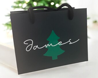 Personalised Christmas Tree Black Gift Bag With Rope Handle