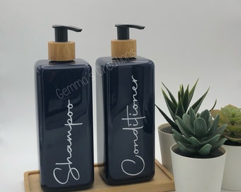Navy Blue Square Bottle With Black Bamboo Pump | 500ml Refillable Reusable Soap Dispenser Any Word | Shampoo Conditioner Wash Liquid