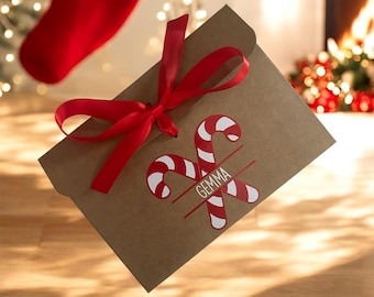 Enveloppe pour billets/bons de Noël personnalisée en canne de Noël : kraft brun avec ruban de satin
