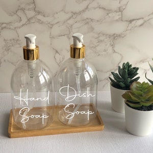 Clear Bell Bottle with White/Gold Pump |500ml Refillable Reusable Plastic Dispenser | Personalised With Any Word | With/Without Bamboo Tray