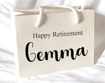 White Happy Retirement Custom Name Gift Bag With Rope Handle - Small Medium Large