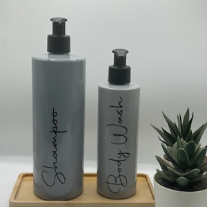 Grey Tubular Bottle with Matte Black Pump | 250ml/500ml Refillable Reusable Plastic Soap Dispenser | Personalised With Any Word | Lotion