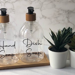 Clear Bell Bottle with Black Bamboo Pump | 500ml Refillable Reusable Plastic Dispenser | With/Without Bamboo Tray | Kitchen Bathroom Home