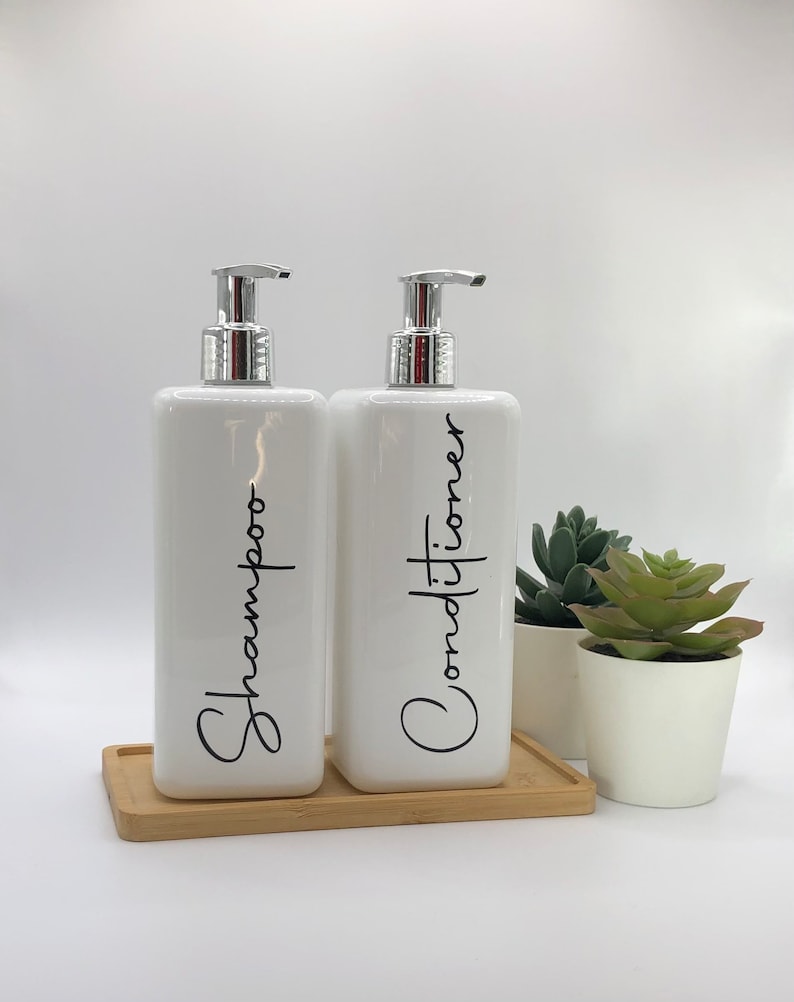 White Square Bottle with Silver Pump 250ml/500ml Refillable Reusable Plastic Dispenser Personalised With Any Word Kitchen Bathroom image 1