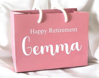 Pink Happy Retirement Custom Name Gift Bag With Rope Handle - Small Medium Large