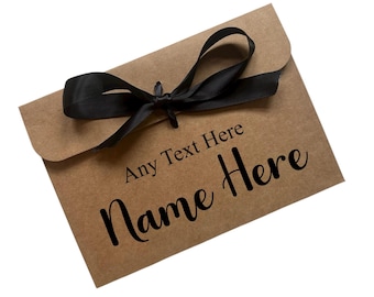 Personalised Any Text Kraft Brown Money/Voucher Envelope: Satin Ribbon, Custom Name & Text