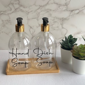 Clear Bell Bottle with Black/Gold Pump |500ml Refillable Reusable Plastic Dispenser | Personalised With Any Word | With/Without Bamboo Tray