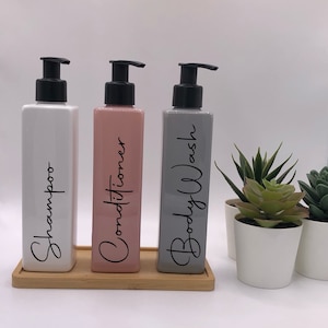 White,Pink & Grey Square Bottles With Matte Black Pumps | 250ml Refillable Reusable Plastic Bottle | Any Word | Bamboo Tray Set Of 3