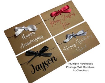 Personalised Kraft Money/Voucher Envelope with Satin Ribbon: Custom Message