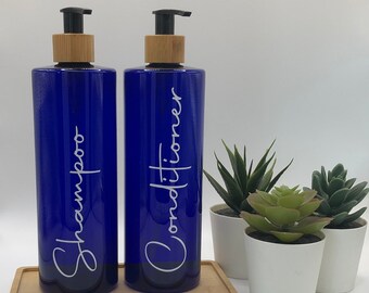 Cobalt Blue Bottle with Black Bamboo Pump | 500ml Refillable Reusable Plastic Dispenser | Personalised With Any Word | Kitchen Bathroom