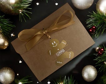 Personalised Gingerbread Man Christmas Money/Voucher Envelope: Kraft Brown with Satin Ribbon