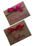 Personalised Happy Birthday Kraft Brown Money/Voucher Envelope: Satin Ribbon, Custom Name & Age