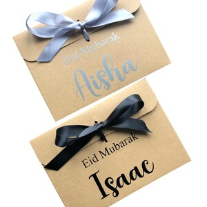 Personalised Eid Mubarak Kraft Brown  Gift Envelope With Ribbon | For Money/Voucher Photos | Loved Ones | Lots Of Ribbon Colours | Name