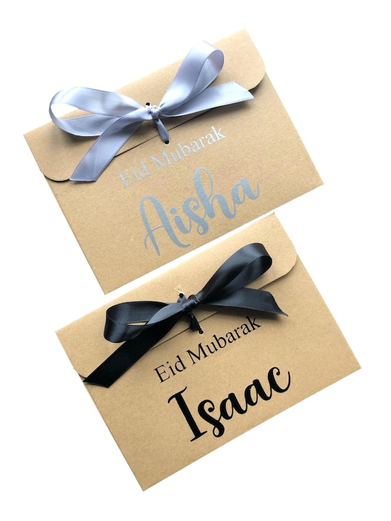 Personalised Eid Mubarak Kraft Brown Money/Voucher Envelope: Satin Ribbon Gift Card Holder