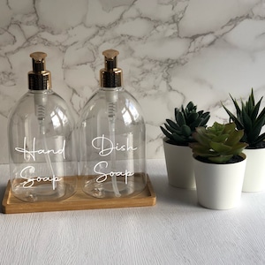 Clear Bell Bottle with Gold Pump |500ml Refillable Reusable Plastic Dispenser | Personalised With Any Word | With/Without Bamboo Tray