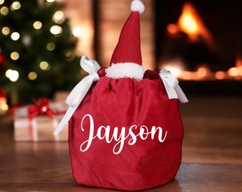 Personalised Velvet Santa Hat Treat Bag: Christmas Favour, Stocking Filler