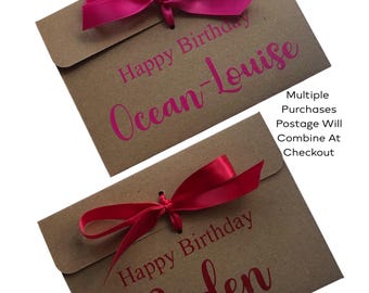 Personalised Happy Birthday Kraft Brown Money/Voucher Envelope: Satin Ribbon, Custom Name & Age