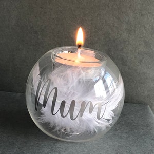 Personalised Memorial Glass Candle Holder Tea Light Holder With White Feathers Lost Loved Ones Mum,Dad,Nan, Grandad, Any Name image 2